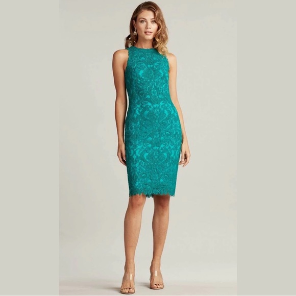 green emerald velvet dress Tadashi Shoji Colorblock Lace Cocktail Dress